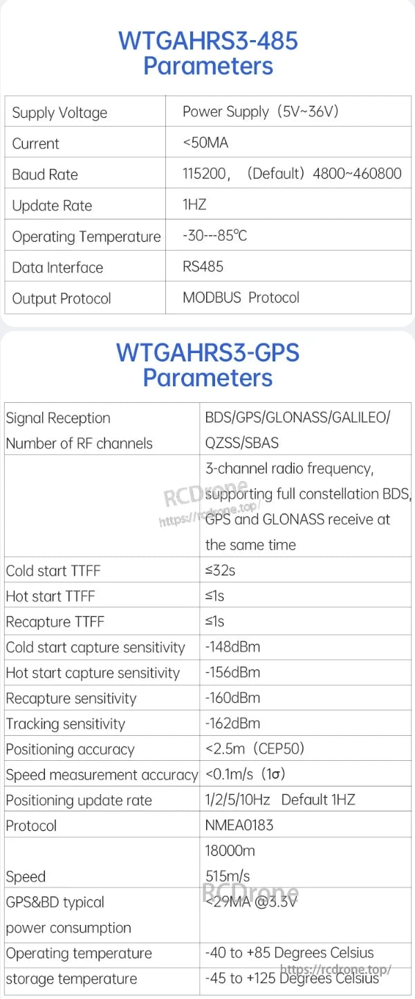 WitMotion WTGAHRS3 AHRS Sensor, WitMotion WTGAHRS3-485 and WTGAHRS3-GPS sensors offer wide voltage input, low power, high-precision GPS/BD positioning, multi-satellite support, fast TTFF, and RS485/MODBUS/NMEA0183 protocols for reliable extreme-temperature performance.