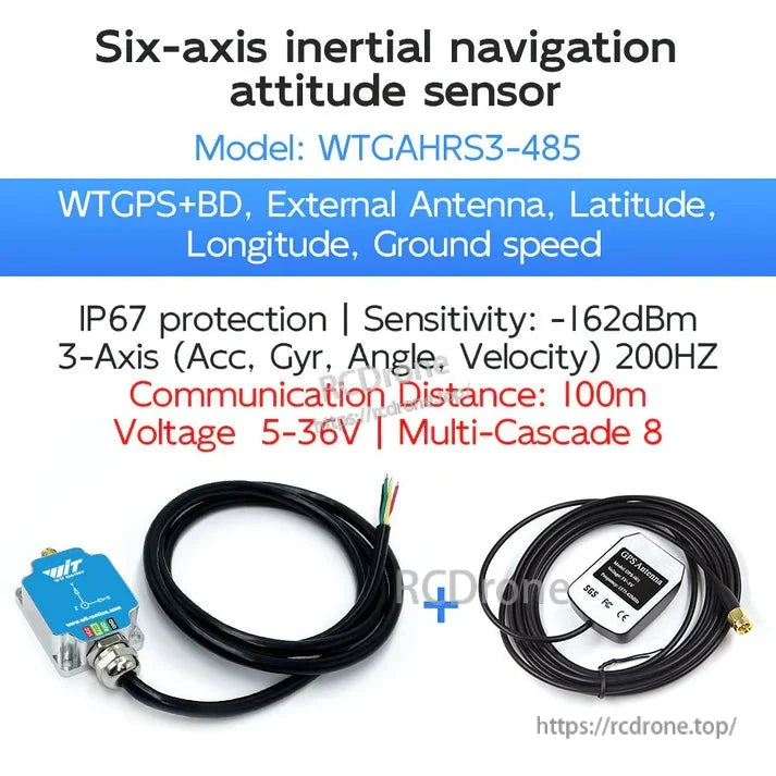 The WTGAHRS3-485 six-axis sensor combines GPS+BD with a 200Hz 3-axis inertial system, IP67 rating, 100m communication, RS485/TTL, Kalman filter, and multi-cascade support.