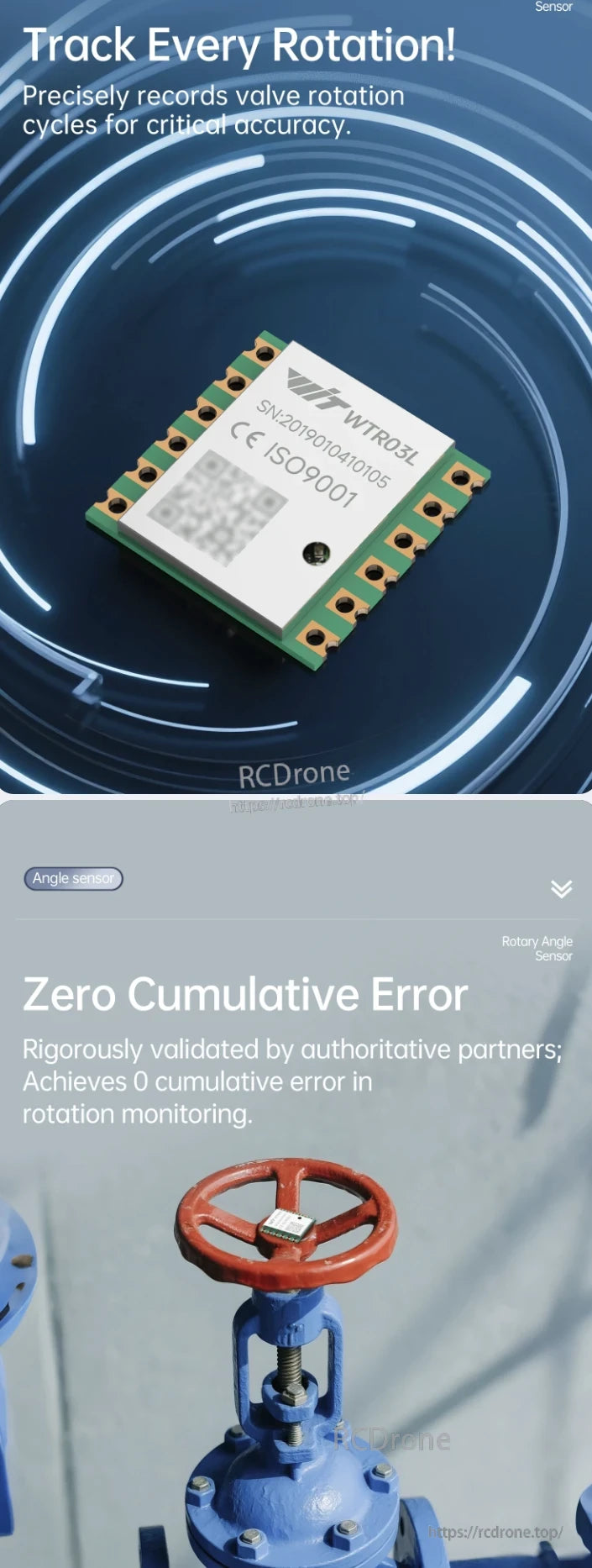 The WitMotion WTR03L rotary angle sensor accurately tracks valve rotations without cumulative error, offering precise monitoring and meeting CE and ISO9001 standards for industrial use.