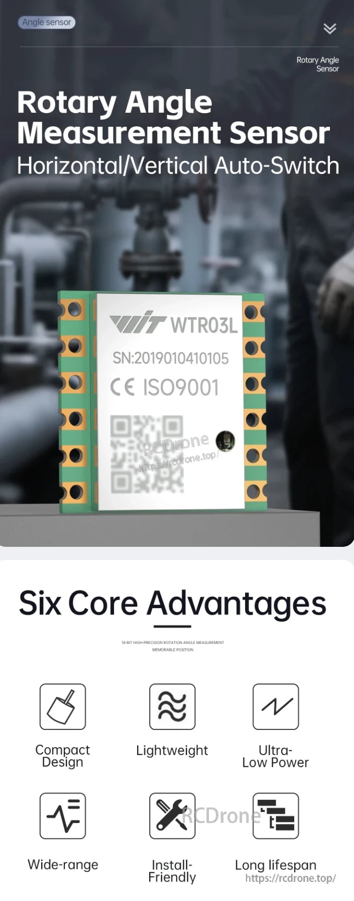 The WitMotion WTR03L Rotary Angle Sensor features a compact, lightweight design with 10-bit precision, low power consumption, wide range, easy installation, and long lifespan.