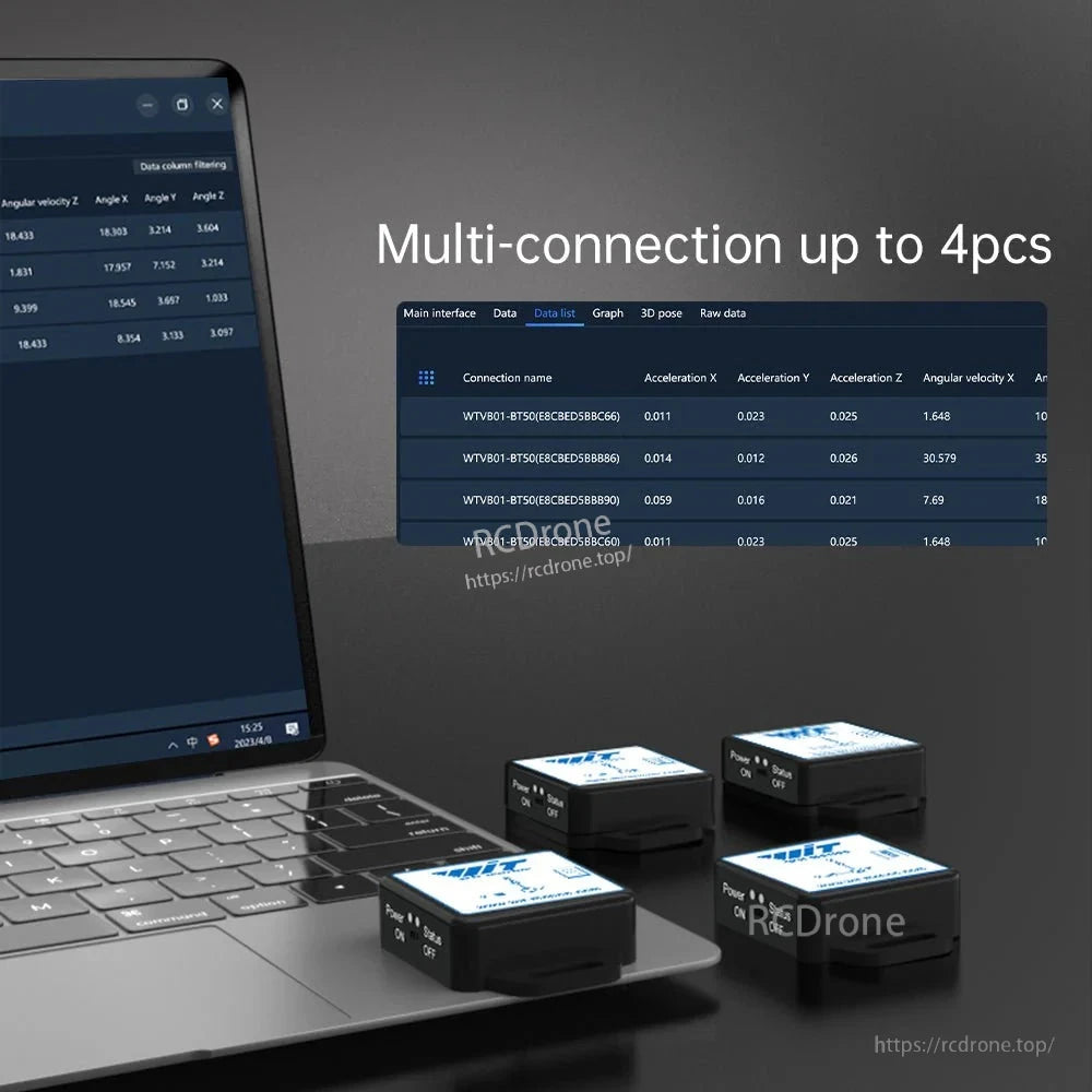 WitMotion WTVB01-BT50 Bluetooth Vibration Sensor, The WitMotion WTVB01-BT50 Bluetooth vibration sensor supports multi-connection, offers 3-axis data, real-time metrics via Type-C, and has a 50m wireless range.