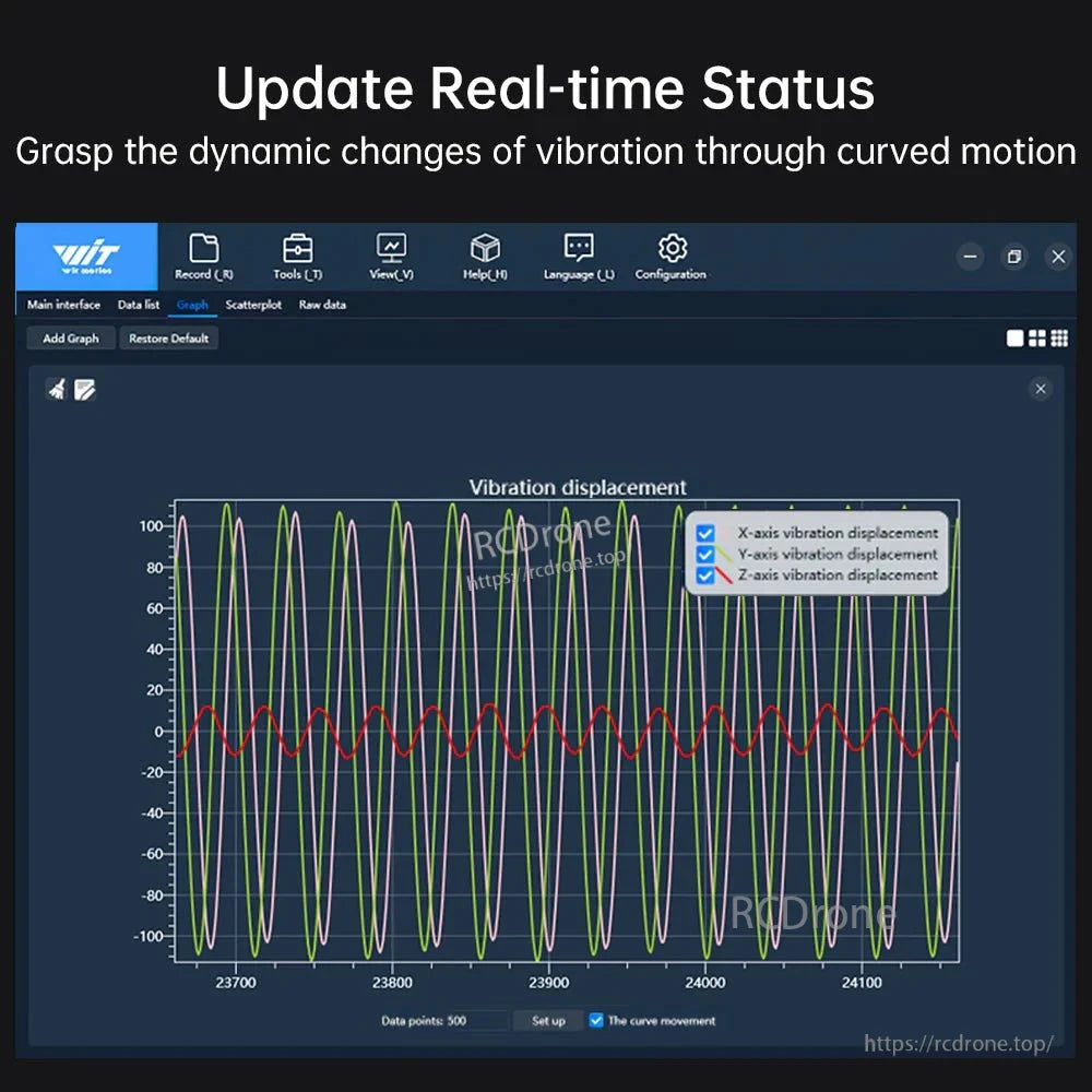 WitMotion WTVB01-BT50 Bluetooth Vibration Sensor, Real-time 3-axis vibration monitoring with dynamic graphs, data recording, customizable views, language settings, and curve movement visualization for analysis.
