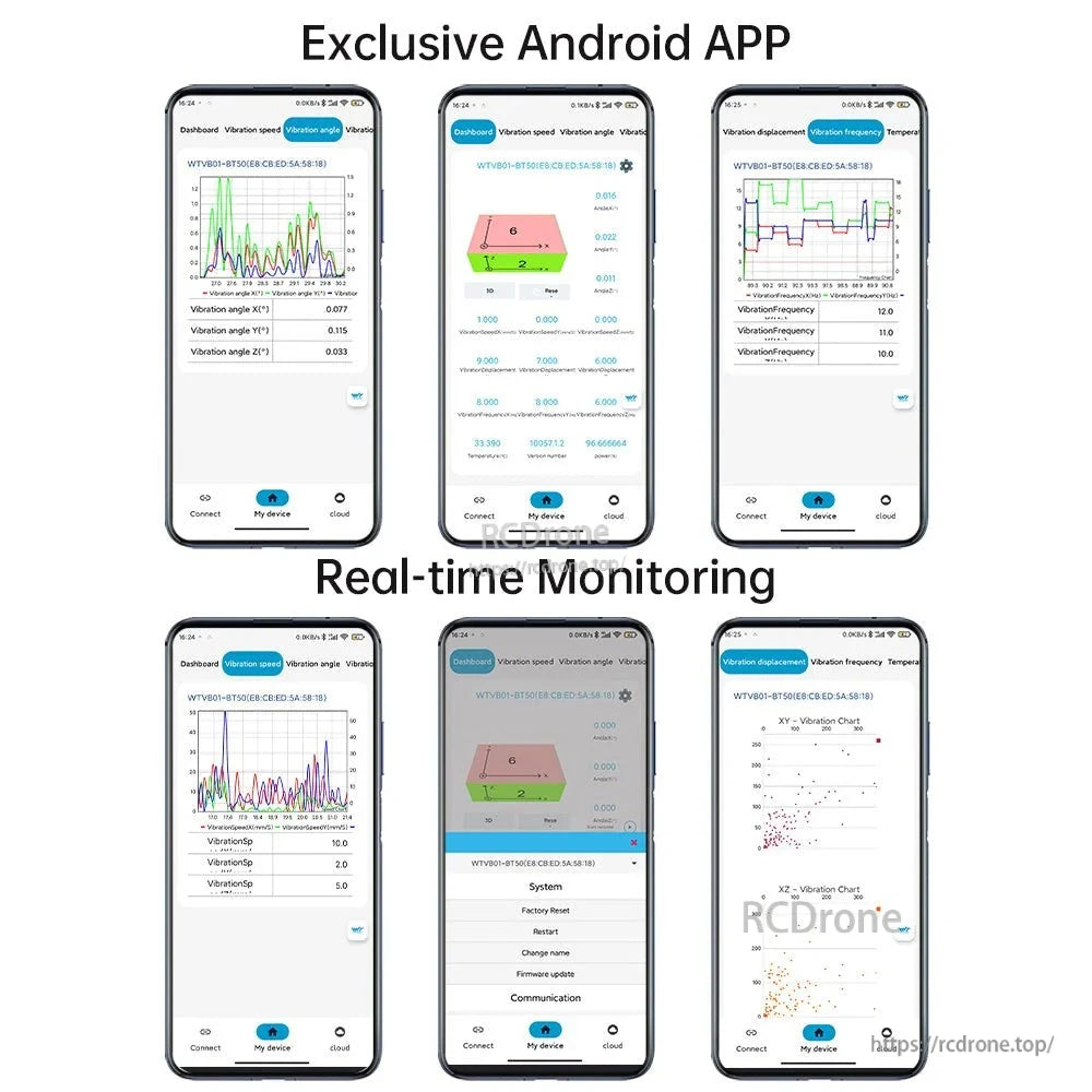 WitMotion WTVB01-BT50 Bluetooth Vibration Sensor, An Android app offers real-time monitoring of vibration metrics with 3-axis data, wireless connectivity, multi-device support, and performance settings.