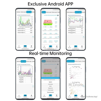 WitMotion WTVB01-BT50 Bluetooth Vibration Sensor, An Android app offers real-time monitoring of vibration metrics with 3-axis data, wireless connectivity, multi-device support, and performance settings.
