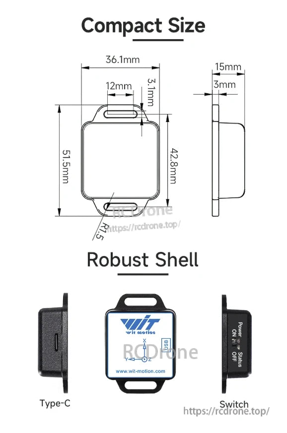 WitMotion WTVB01-BT50 Bluetooth Vibration Sensor, Small size, durable shell, Type-C port, power switch, 3-axis vibration sensor, Bluetooth, multi-connect, 50m range.