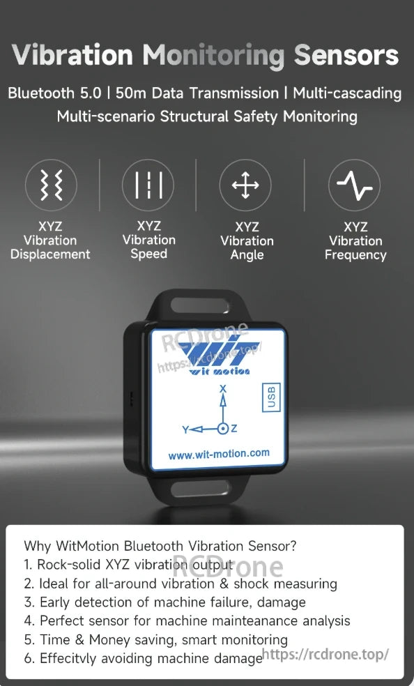 WitMotion WTVB01-BT50 Bluetooth Vibration Sensor, The WitMotion Bluetooth Vibration Sensor monitors displacement, speed, angle, and frequency via Bluetooth 5.0, ideal for structural safety, machine maintenance, and early failure detection.