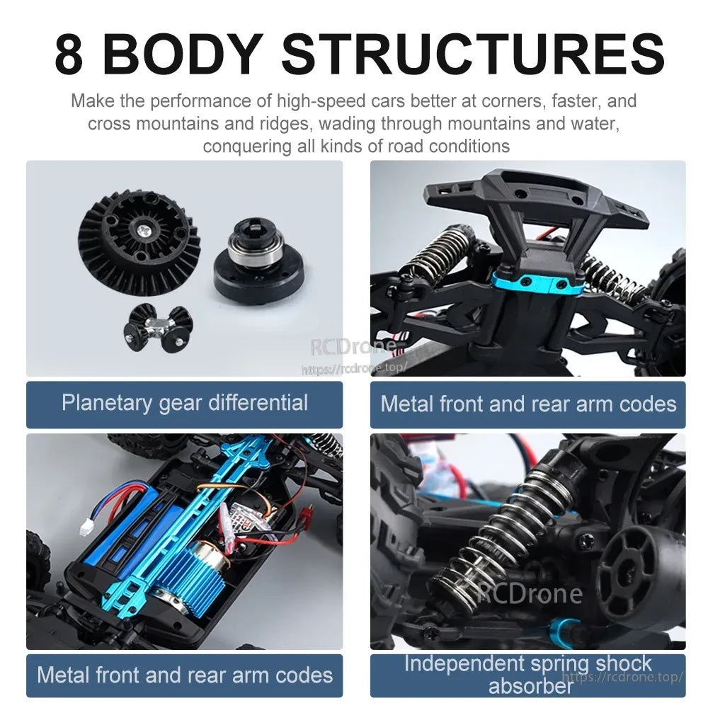 WLtoys 1:16 Scale RC Car, Eight body structures boost high-speed performance with planetary gear differential, metal arms, and independent spring shock absorbers for durable all-terrain capability.