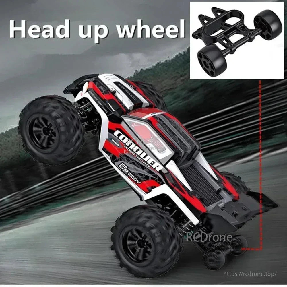 WLtoys 1:16 Scale RC Car, High-speed 4WD off-road monster truck with head-up wheel feature and remote control.