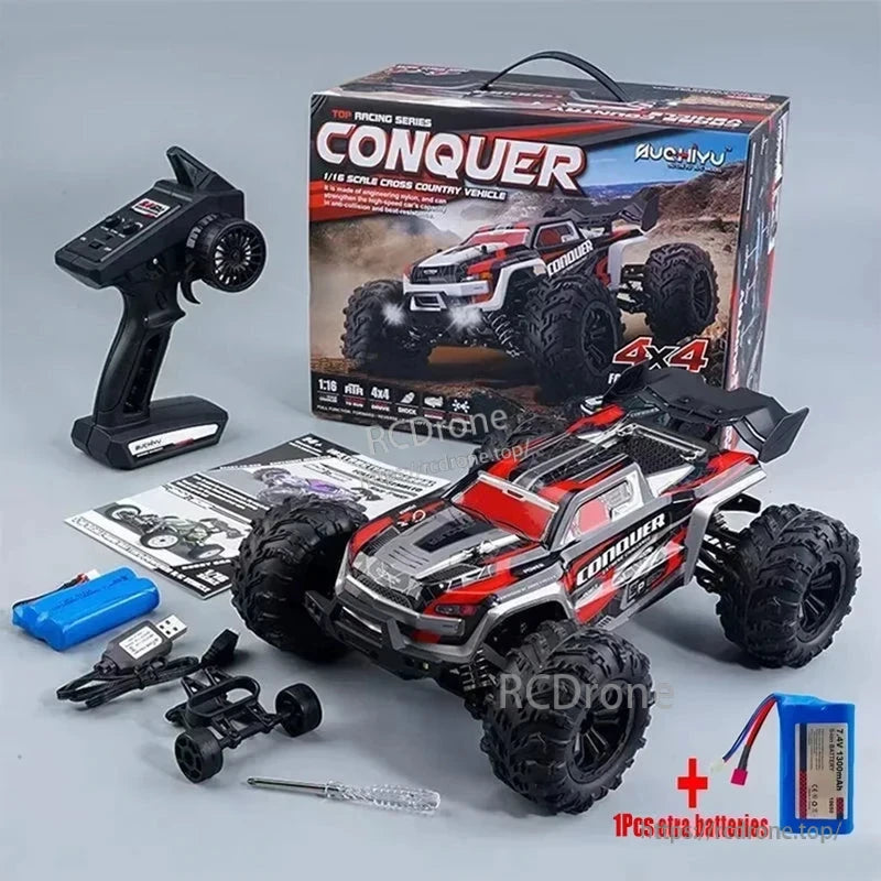 WLtoys 1:16 Scale RC Car, A high-speed 1:16 scale 4x4 RC off-road truck with 50km/h speed, 2.4GHz remote, and 7.4V battery.