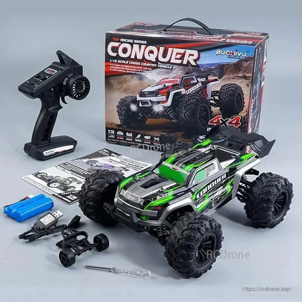 WLtoys 1:16 Scale RC Car, A 1:16 scale 4x4 RC off-road truck with a 50km/h speed, 2.4GHz remote, 7.4V battery, and high-speed performance.