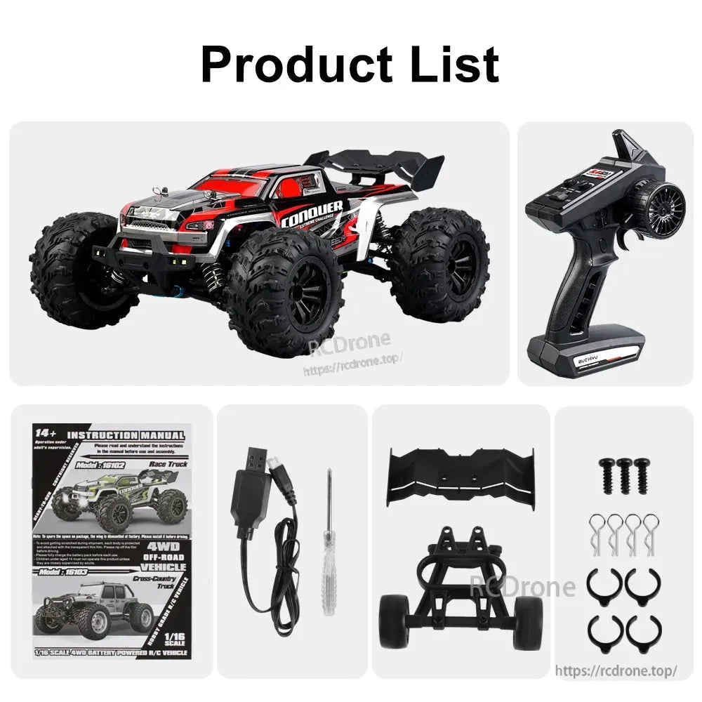 WLtoys 1:16 Scale RC Car, A 1:16 scale 4WD off-road RC monster truck with a 50km/h speed, 7.4V battery, 2.4GHz remote, and accessories including manual, charger, screwdriver, and spare parts.