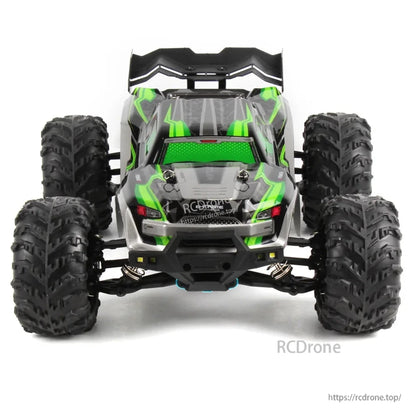 WLtoys 1:16 Scale RC Car, WLtoys 1:16 RC monster truck with 4WD, 50km/h speed, 2.4GHz remote control, green and black design, off-road tires, and 7.4V 1300mAh battery.