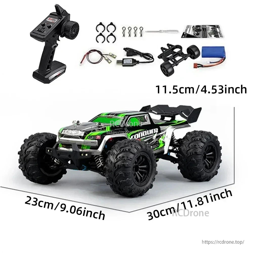 WLtoys 1:16 Scale RC Car, WLtoys 1:16 scale RC monster truck with 50km/h speed, 4WD, 7.4V battery, 2.4GHz remote, and 30cm length.