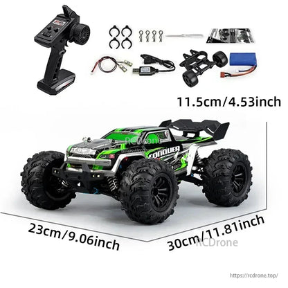WLtoys 1:16 Scale RC Car, WLtoys 1:16 scale RC monster truck with 50km/h speed, 4WD, 7.4V battery, 2.4GHz remote, and 30cm length.