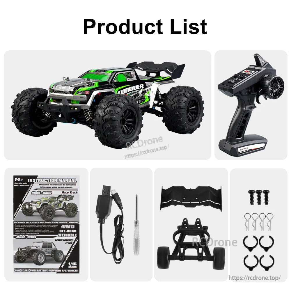 WLtoys 1:16 Scale RC Car, 1:16 scale 4WD RC monster truck with 50km/h speed, 7.4V battery, 2.4GHz remote, and accessories.