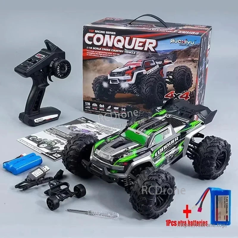 WLtoys 1:16 Scale RC Car, A high-speed 1:16 scale 4WD RC monster truck with a 2.4GHz remote, 7.4V battery, and a top speed of 50km/h.