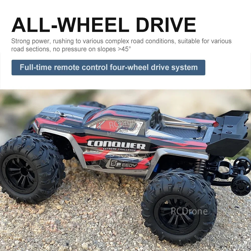 WLtoys 1:16 Scale RC Car, All-wheel drive RC car with powerful motor, full-time remote control, designed for challenging terrains and steep slopes over 45 degrees.