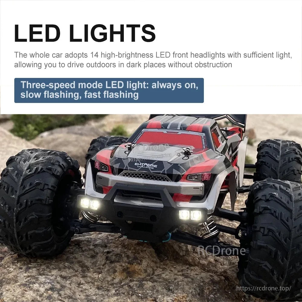 WLtoys 1:16 Scale RC Car, 14 bright LED headlights with three modes: always on, slow flash, fast flash.