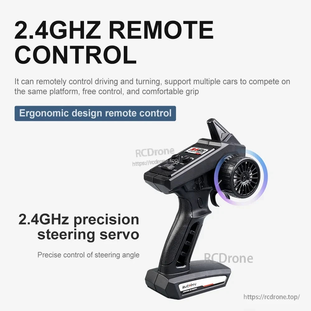 WLtoys 1:16 Scale RC Car, 2.4GHz remote control features ergonomic design, precise steering, supports multiple cars, offers free control, and comfortable grip.