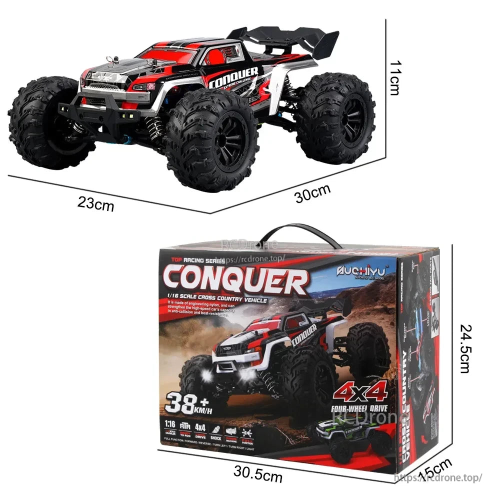 WLtoys 1:16 Scale RC Car, 1:16 scale 4x4 RC off-road vehicle with 38+ km/h speed, full function remote control, shock absorption, LED lights, durable nylon body, and compact dimensions.