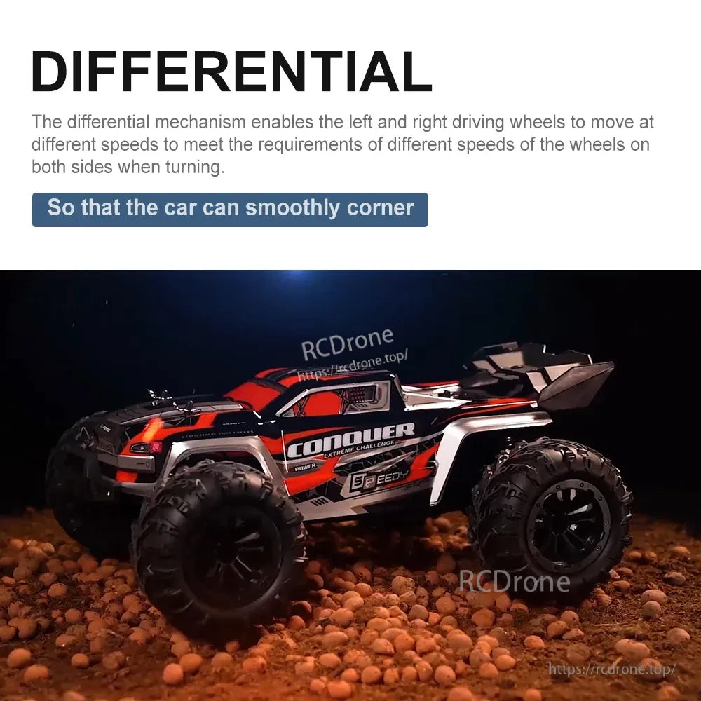 WLtoys 1:16 Scale RC Car, The differential allows smooth turns by varying wheel speeds. The RC car features CONQUER branding and a rugged off-road design.