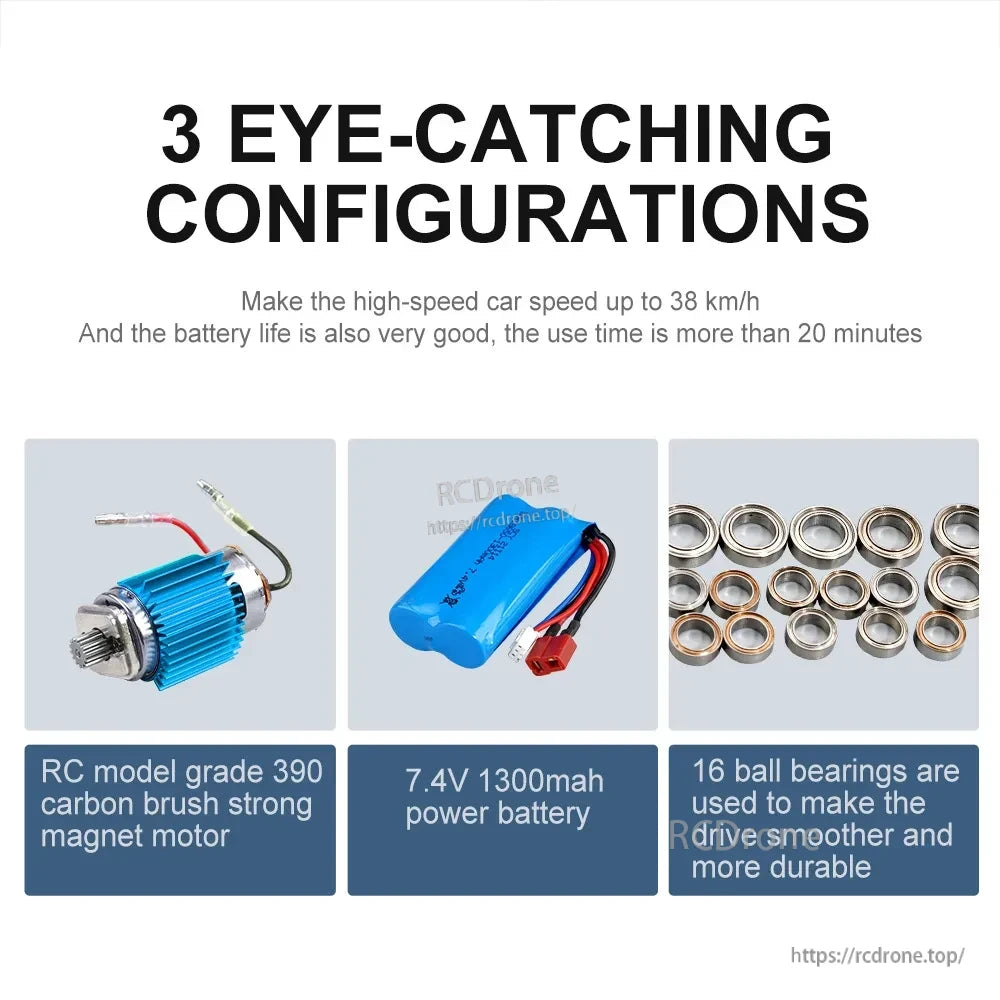 WLtoys 1:16 Scale RC Car, Features: 390 RC motor, 7.4V 1300mAh battery, 16 ball bearings. Reaches 38 km/h, over 20 minutes of battery life.