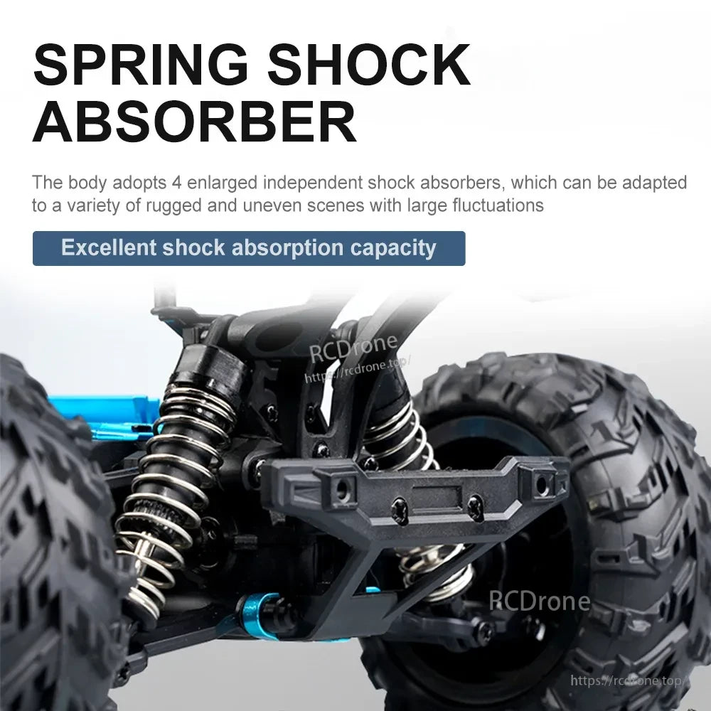 WLtoys 1:16 Scale RC Car, Spring shock absorber, 4 independent absorbers, excellent shock absorption for rough terrain.