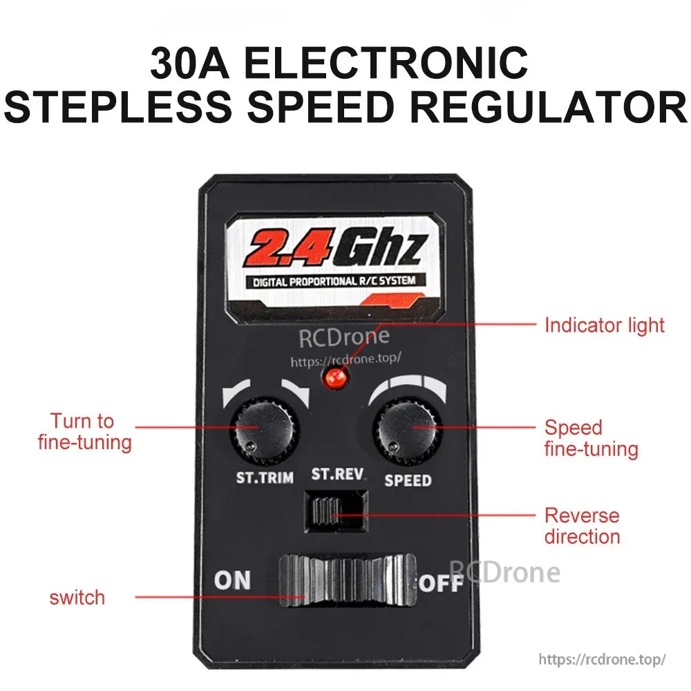 WLtoys 1:16 Scale RC Car, 2.4GHz digital proportional R/C system with speed regulator, fine-tuning knobs, reverse switch, and power control.