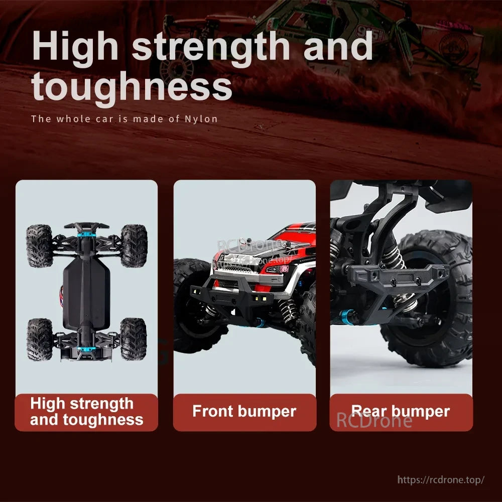 WLtoys 1:16 Scale RC Car, High-strength nylon drone with front and rear bumpers for durability.