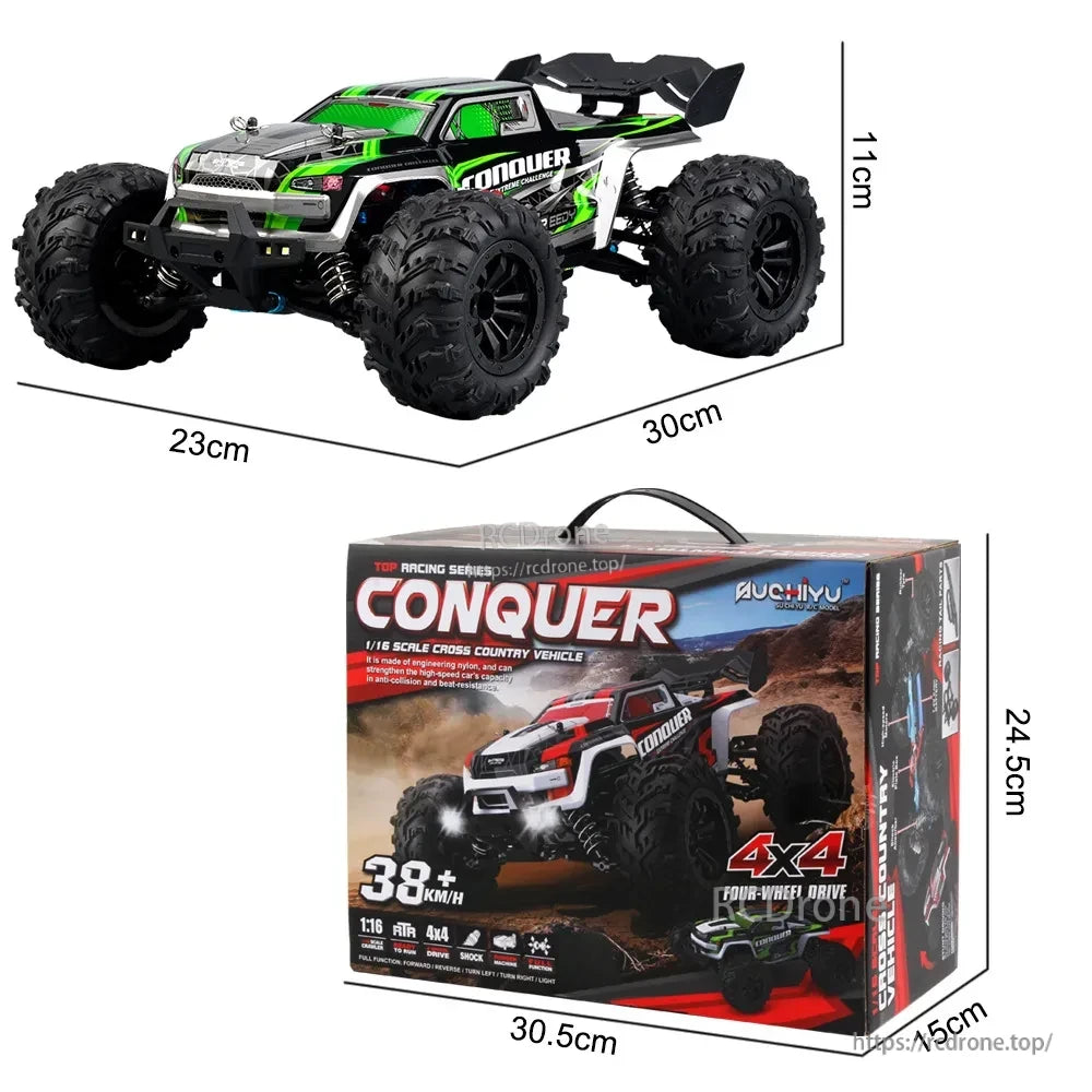 WLtoys 1:16 Scale RC Car, The CONQUER 1:16 scale 4x4 RC off-road vehicle offers remote control, shock absorption, front/rear lights, reaches 38+ km/h, and is suitable for ages 38+ with compact dimensions.