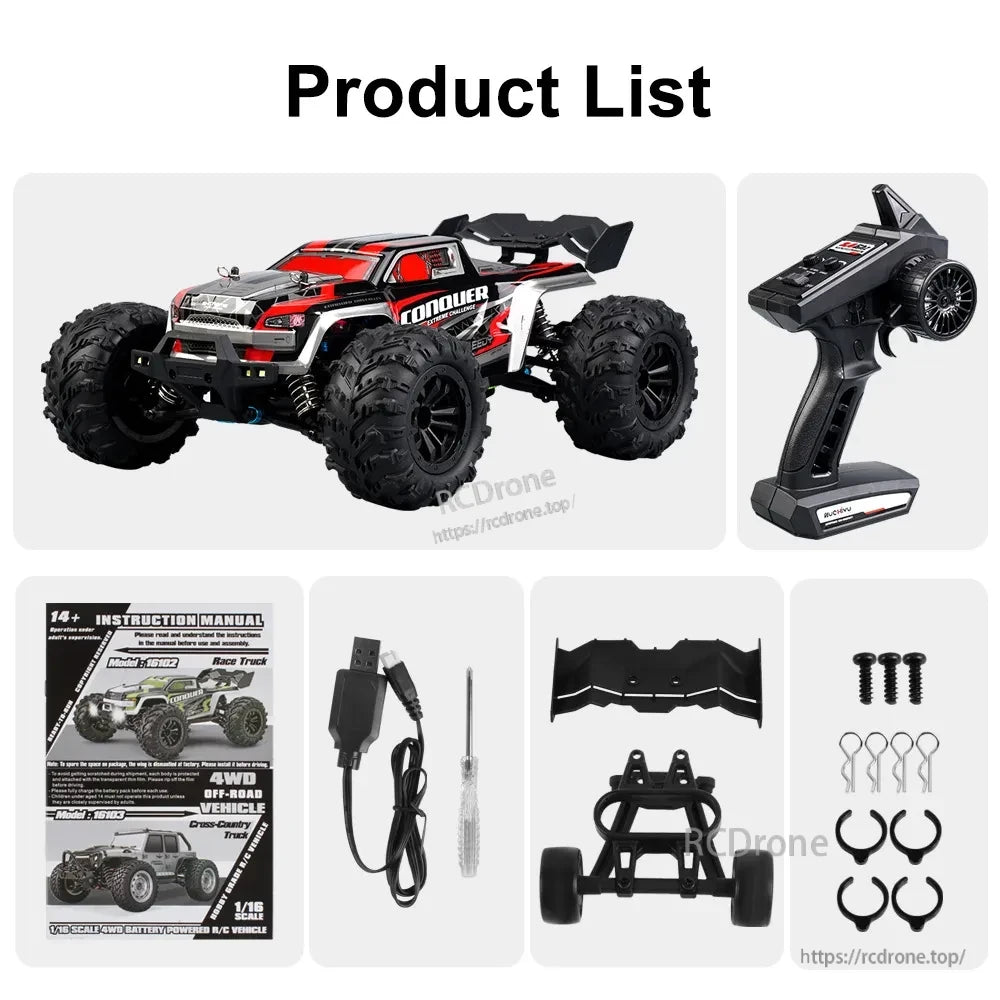 WLtoys 1:16 Scale RC Car, WLtoys 1:16 RC car includes remote control, manual, USB cable, tools, spare parts, and accessories.