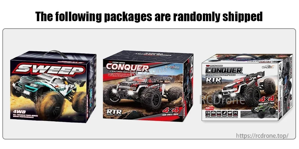 WLtoys 1:16 scale RC cars available in sweep and conquer 4x4 models, ready-to-run, shipped randomly.