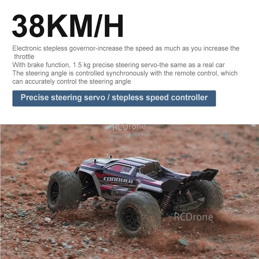 WLtoys 1:16 Scale RC Car, 38KM/H RC car with electronic governor, brake, 1.5kg servo, precise steering, and synchronized remote control for accurate handling.