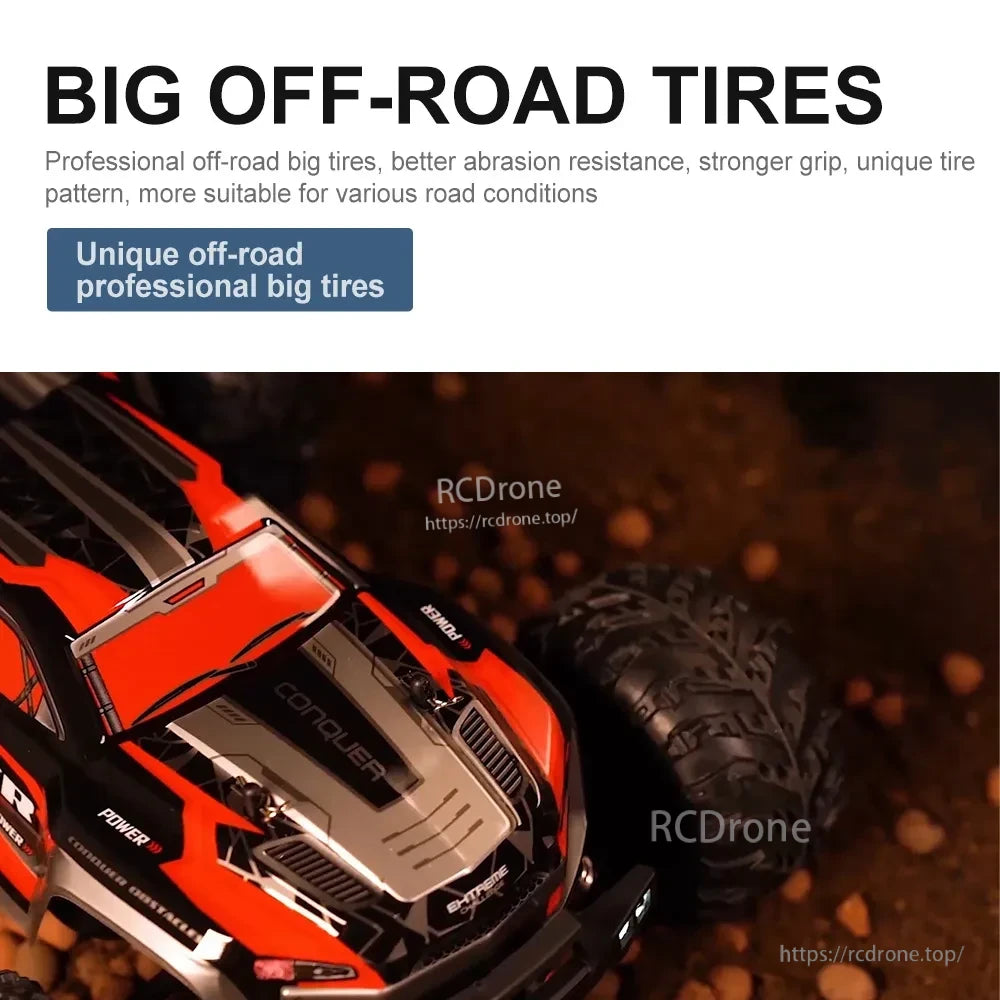 WLtoys 1:16 Scale RC Car, Off-road tires feature professional design, strong grip, durability, and unique treads for diverse terrains.