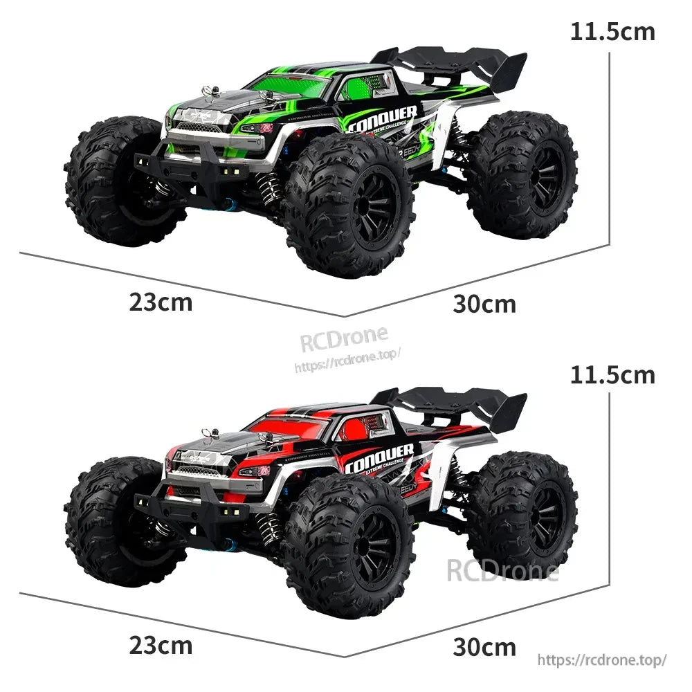 WLtoys 1:16 scale RC car "Conquer Extreme Challenge" features large off-road tires, measures 30x23x11.5cm, available in green and red.