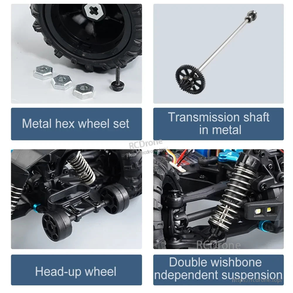 WLtoys 1:16 Scale RC Car, Metal hex wheels, transmission shaft, head-up wheel, and double wishbone suspension.
