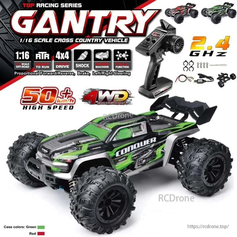 WLtoys 1:16 Scale RC Car, 1:16 scale 4x4 RC off-road vehicle with 2.4GHz, 50+ km/h speed, 4WD, RTR, shock absorption, proportional control, available in green or red.