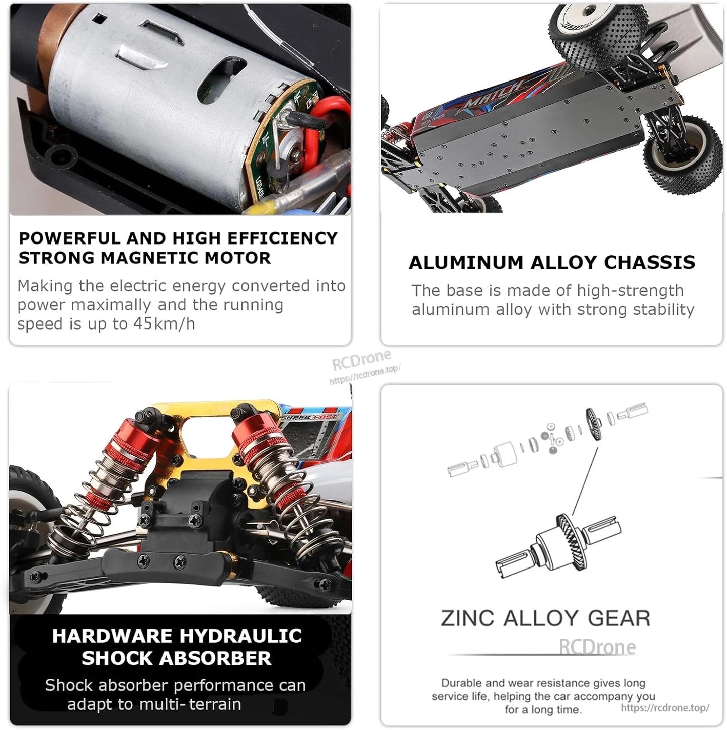 Wltoys 104001 RC Car, Powerful motor, aluminum chassis, hydraulic shocks, and zinc gears ensure speed, stability, durability, and longevity.