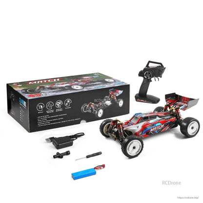 Wltoys 104001 RC Car: 1/10 scale, 4WD, 45km/h off-road buggy with alloy chassis, 550 brushed motor, 7.4V 2200mAh battery, RTR. Features waterproof design, independent suspension, and high-precision remote control.