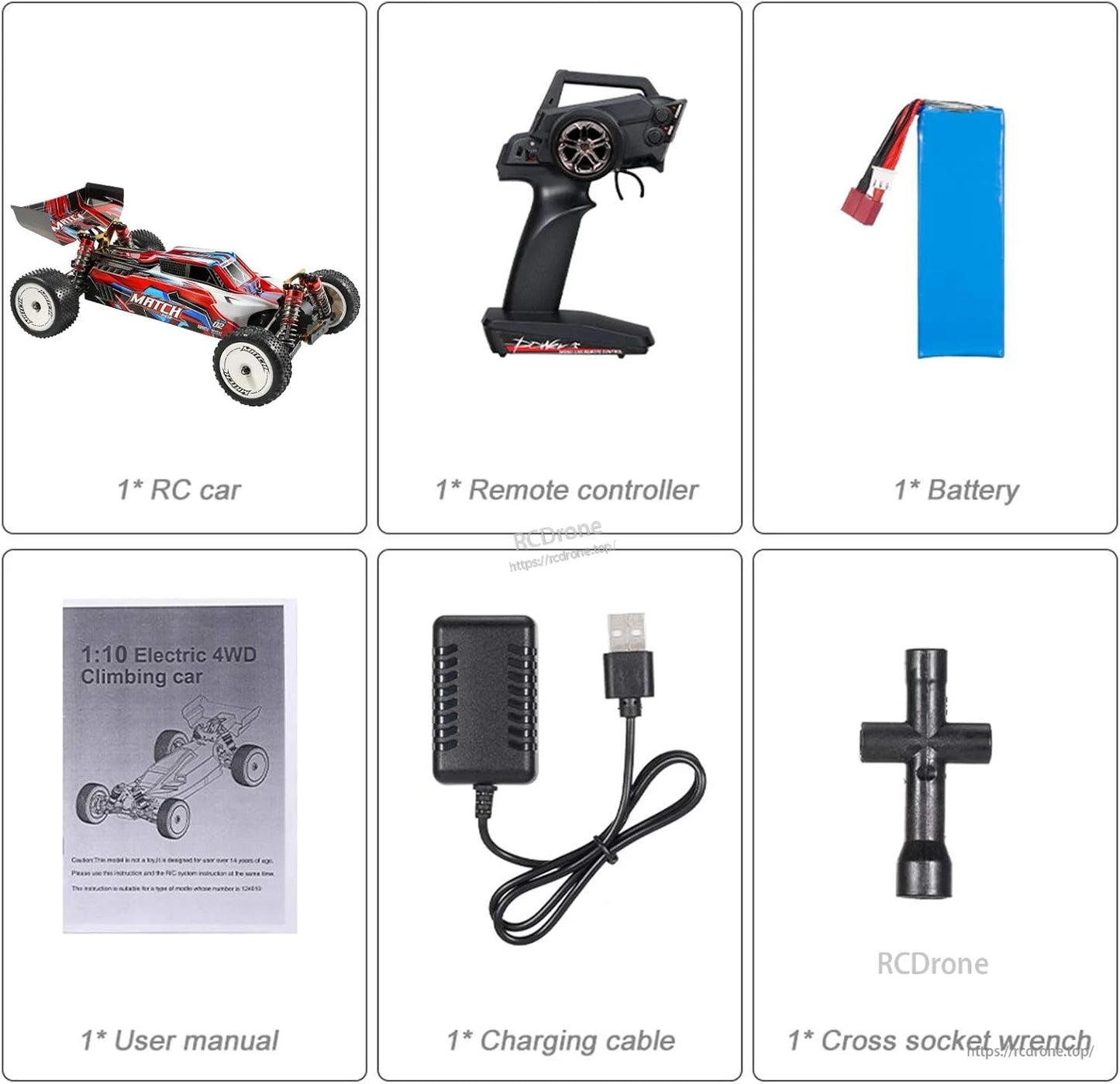 Wltoys 104001 RC Car, RC car, remote controller, battery, user manual, charging cable, cross socket wrench included.