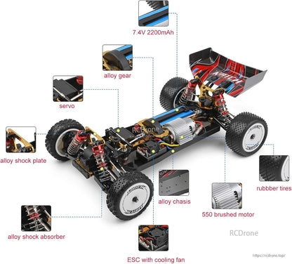 Wltoys 104001 RC Car, A 1/10 scale 4WD RC buggy featuring an alloy chassis, brushed motor, battery, rubber tires, servo, alloy gears, shocks, and a cooling fan-equipped ESC.