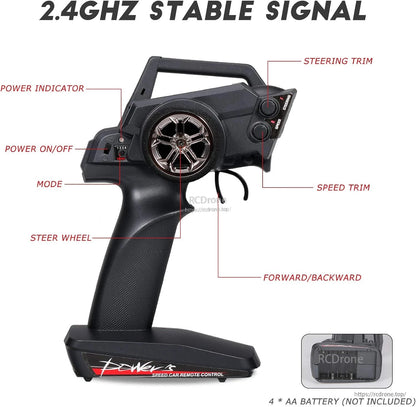 Wltoys 104001 RC Car, Stable 2.4GHz remote for high-speed RC car with multiple controls and textured grip. Requires 4 AA batteries. Designed for Wltoys 104001 off-road buggy.