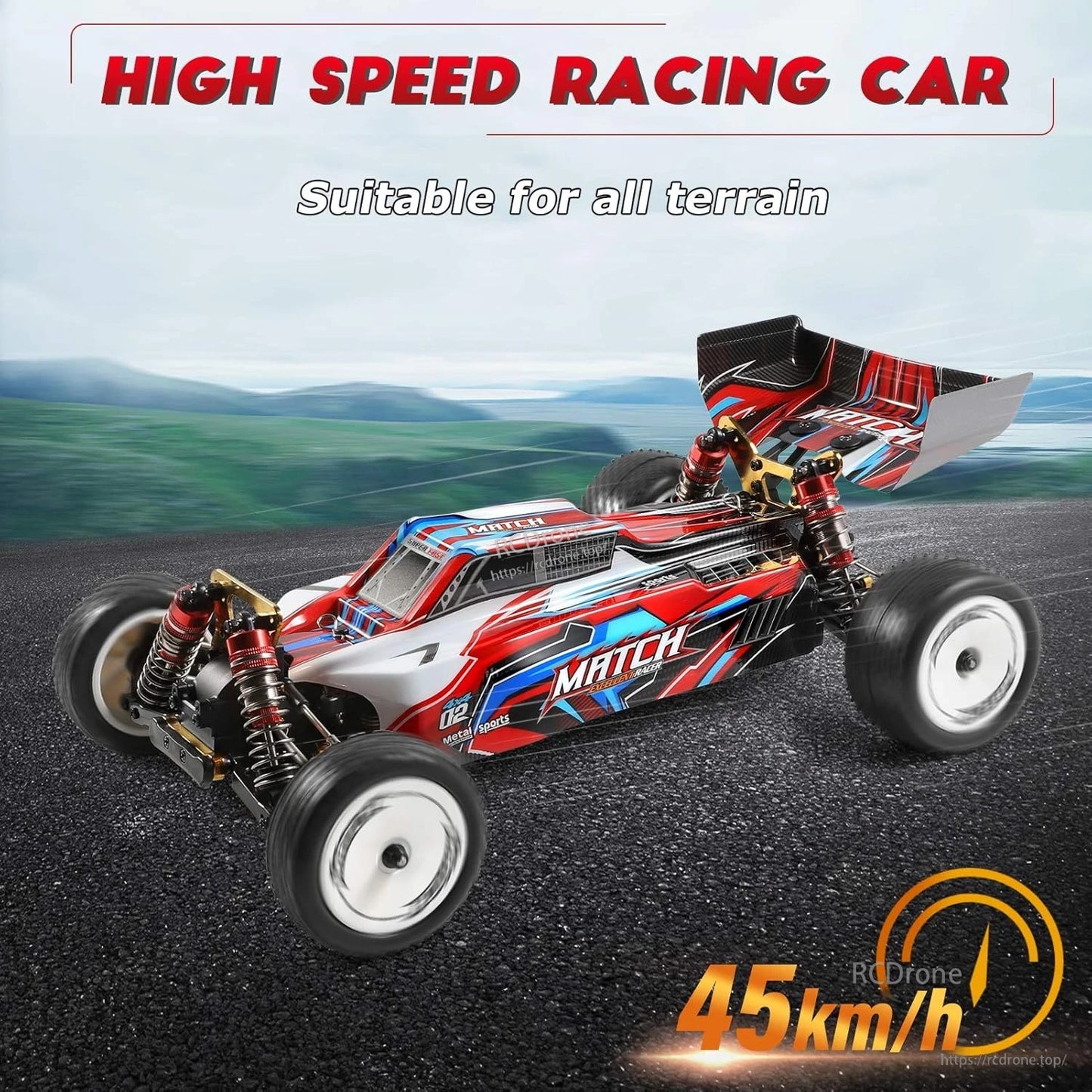 Wltoys 104001 RC Car, High-speed 4WD racing car, 1/10 scale, alloy chassis, 45km/h, 550 motor, 7.4V battery, all-terrain.