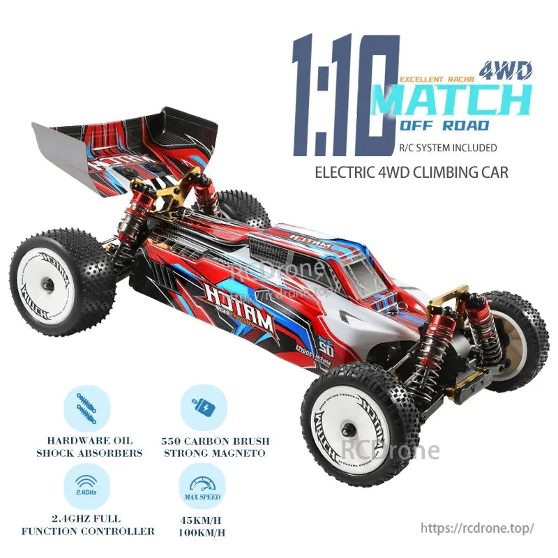 Wltoys 104001 RC Car, High-speed 4WD electric off-road buggy with 550 motor, alloy chassis, oil shocks, 2.4GHz controller, and 100 km/h speed. RTR, vibrant design.