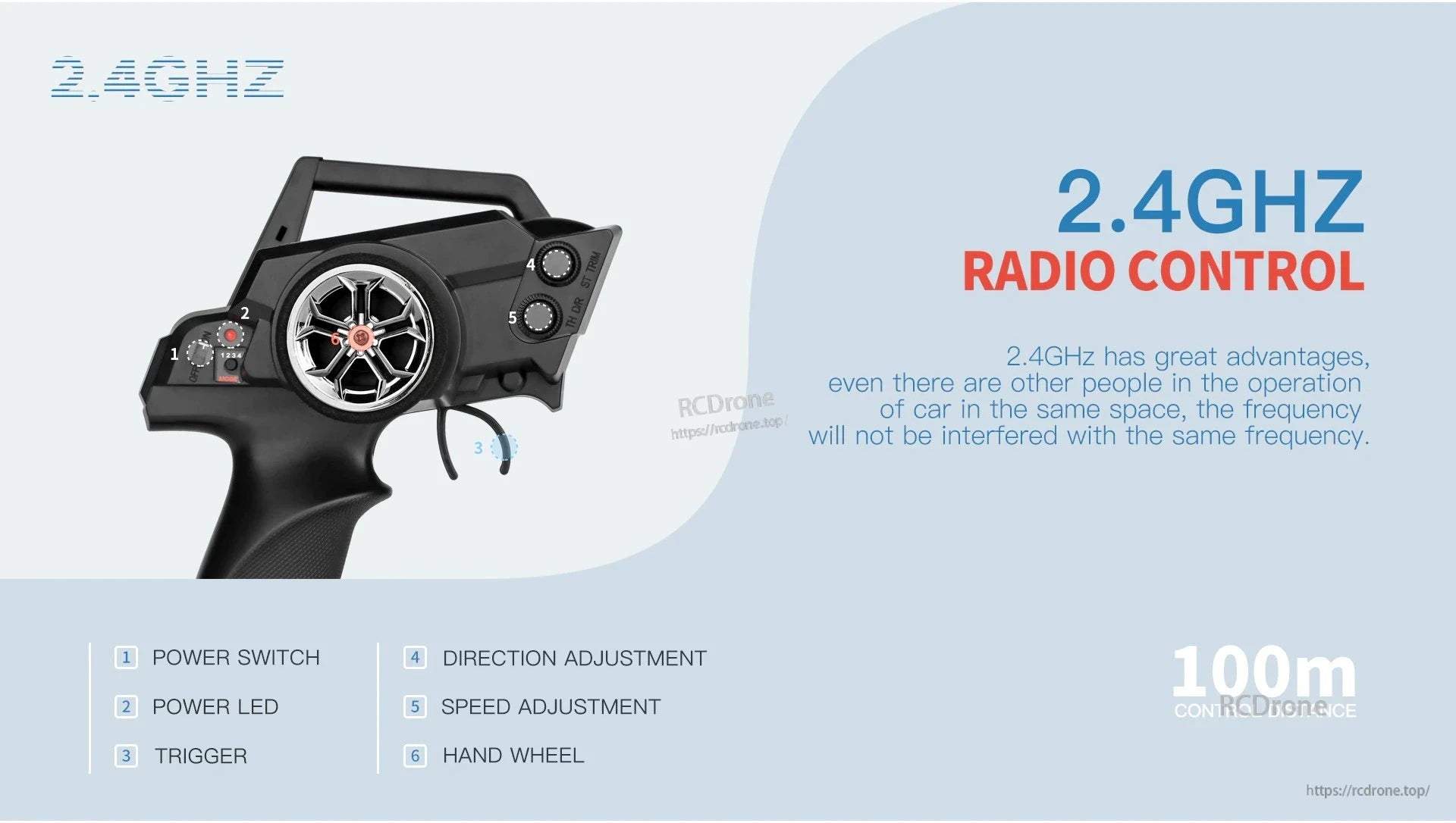 Wltoys 104001 RC Car, 2.4GHz RC with 100m range, power switch, LED, trigger, direction/speed control, and hand wheel. Works interference-free in shared spaces.