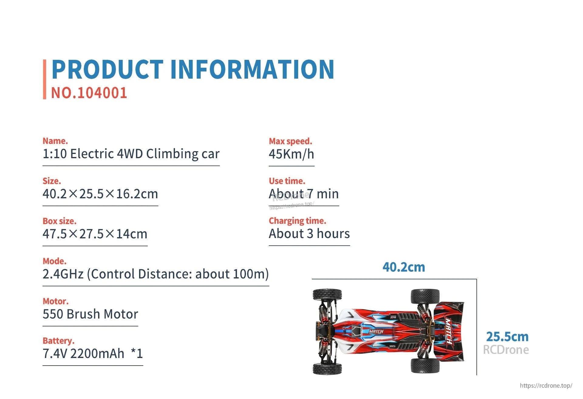 Wltoys 104001 RC Car, The 1:10 Electric 4WD Climbing Car (NO.104001) has a max speed of 45km/h, 7-minute runtime, 3-hour charge time, 100m control range, strong climbing ability, and responsive remote control.