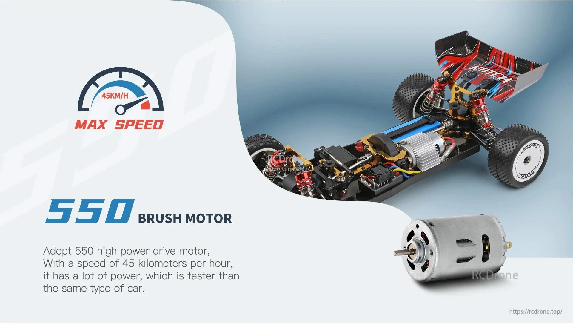 Wltoys 104001 RC Car, 550 brush motor, max speed 45 km/h, high power, faster than similar cars.