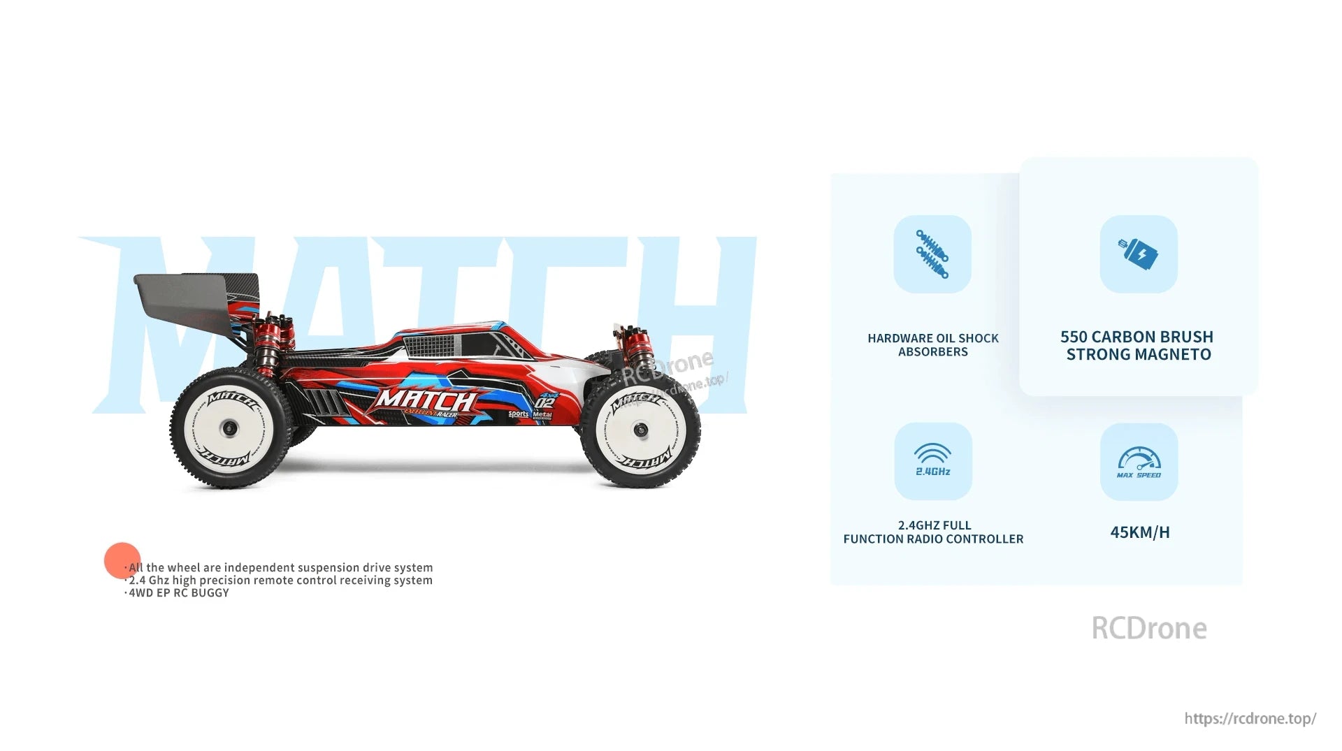 Wltoys 104001 RC Car, MATCH RC buggy: 2.4GHz remote, 4WD, independent suspension, oil shocks, 550 motor, 45km/h max speed, full-function controller.