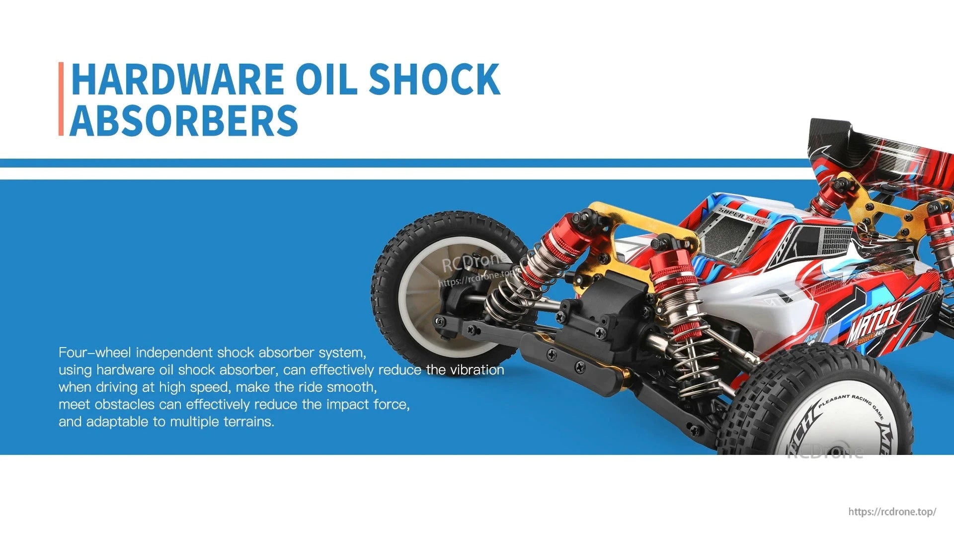 Wltoys 104001 RC Car, Oil shock absorbers ensure smooth high-speed rides, reduce vibrations, and adapt to diverse terrains with four-wheel independent suspension.