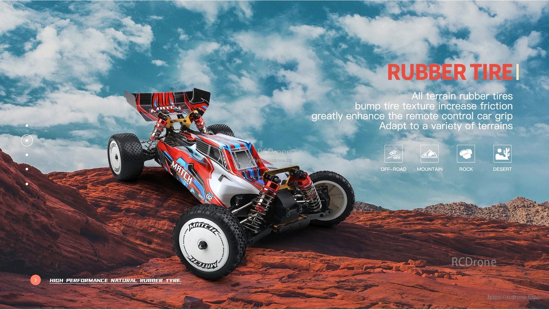 Wltoys 104001 RC Car, High-performance natural rubber tires improve grip on rough terrains like mountains, rocks, and deserts, offering superior traction and adaptability.